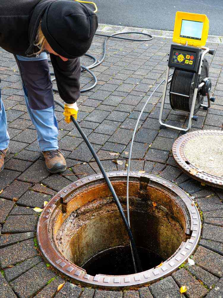 technician looking at a sewer camera inspection monitor technician looking at a sewer camera inspection monitor