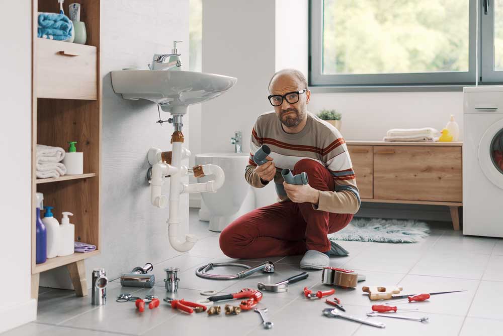 plumber looking at drain pipe
