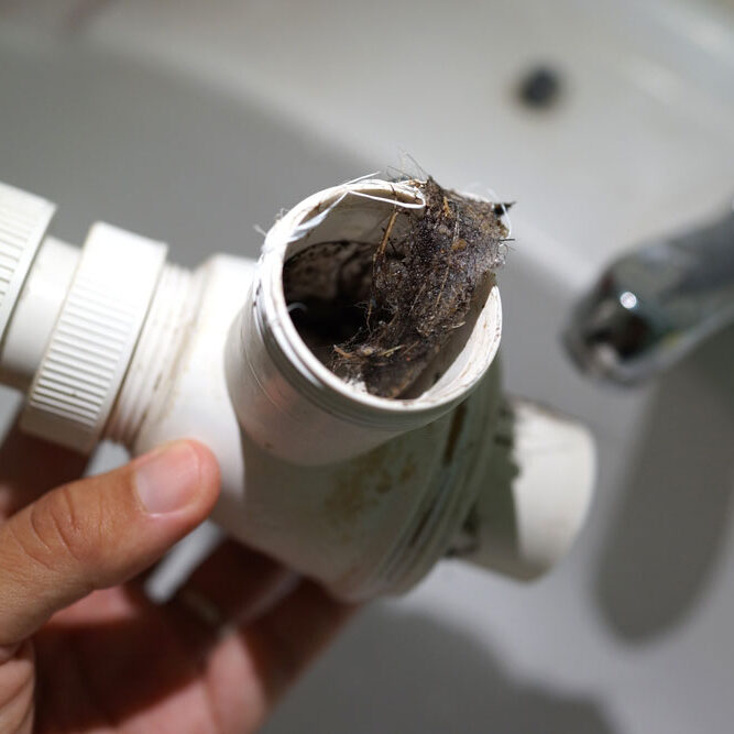 Close up of clogged kitchen sink pipe. Soft focus image.