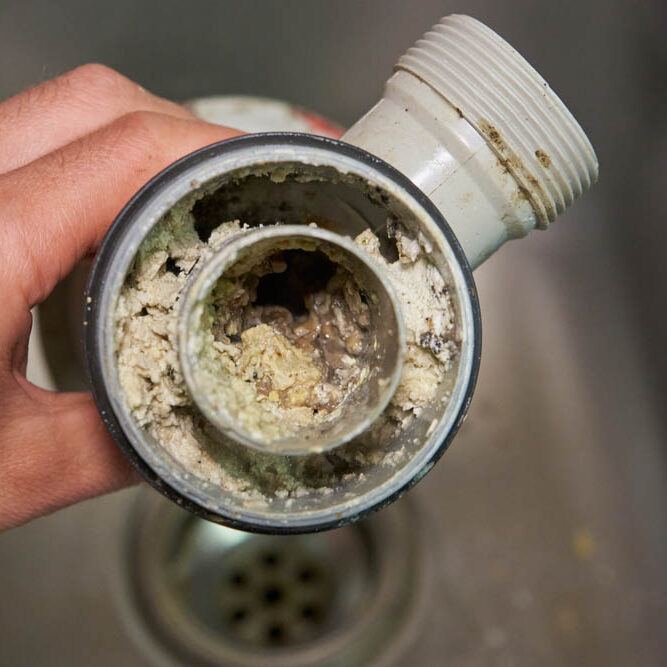 clogged sink pipe,in the hands of a clogged dirty sewer pipe from leftover food