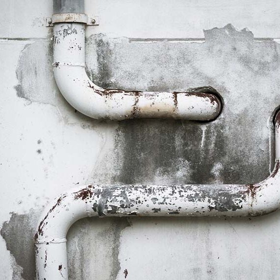Rusty iron pipes on old wall in vintage tone
