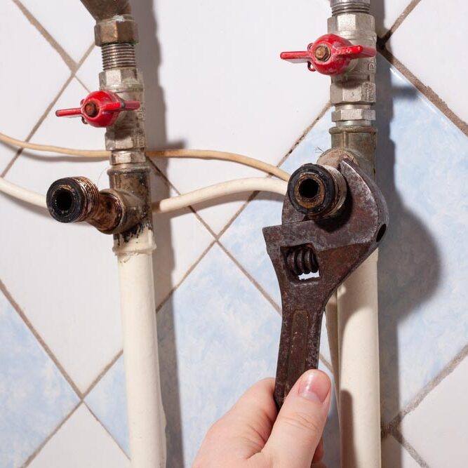 Unscrewing plumbing fittings on water pipeline by old adjustable wrench in male hand. installation of the faucet on the water pipe. Elimination of water leakage. Repair DIY at home.