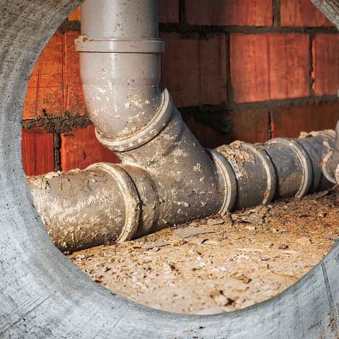 Sewer pipes in home basement. System of gray sanitary pipes when building a house. Sewer installation for sewage disposal