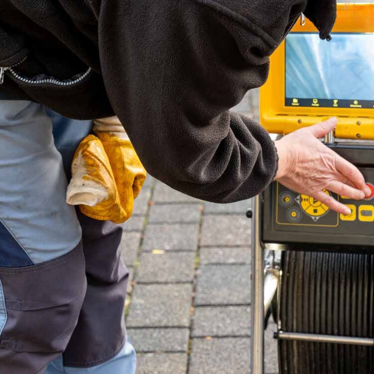 Worker,Of,A,Drain,Cleaning,Company,Switches,Off,The,Camera Worker of a drain cleaning company switches off the camera