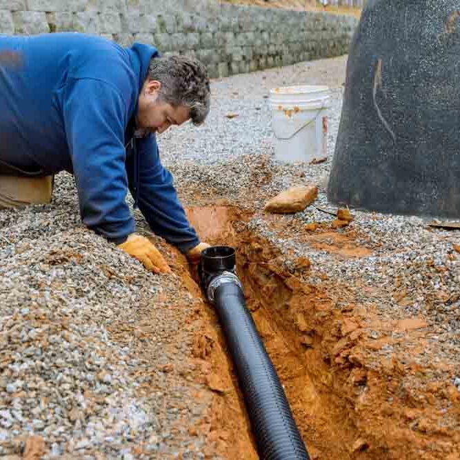 Assembling drainage pipe for rain water that is going to be used for rain water collection on covered parking space with gravel driveway