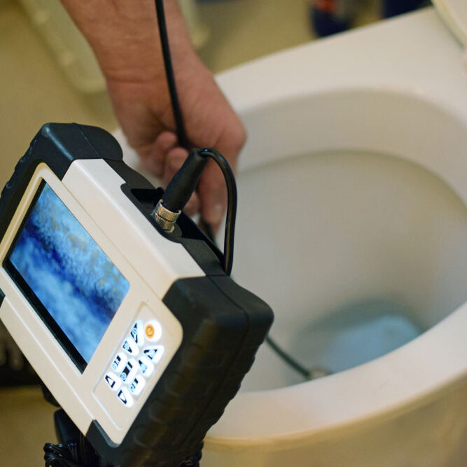 Checking,Clogged,Toilet,Pipe,With,Inspection,Camera. Checking clogged toilet pipe with inspection camera.